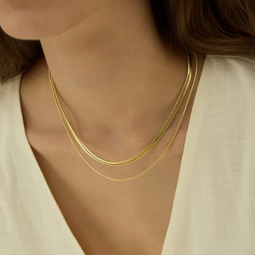 ARSIS 18K Gold Plated Herringbone Necklace Snake Chain Choker Dainty Layered Hypoallergenic Jewelry Gift for Women - color: Gold Double Layer