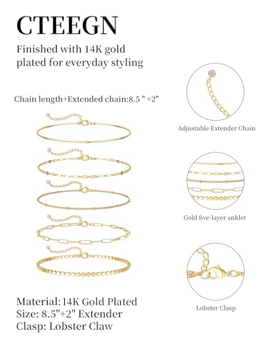 14K Gold/Silver Plated Ankle Bracelets for Women Anklet Set Waterproof Tarnish Resistant Adjustable Dainty Layered Lightweight Hypoallergenic Vacation Beach Pool Party Summer Jewelry Gift - style: Style6