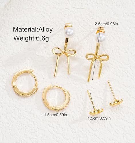 6 Pairs 14K Gold Plated Stud Earrings for Women, Hypoallergenic Cartilage Earrings for Multiple Piercing, Dainty Small Stackable Earrings Set for Jewelry Gift - color: Gold-Bow+pearl