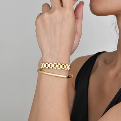MPRAINBOW 2pcs 18K Gold Plated Chain Link Bracelet, Stainless Steel Crystal Friendship Bracelets Bangle,Watch Band Chains Wristband Jewelry with Adjust Tool - color: Gold Set - J