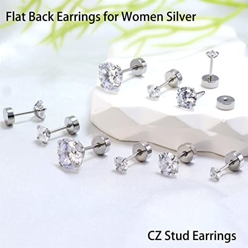 Dainty 6 Pairs Surgical Steel Earrings Sets for Multiple Piercing, Lightweight 14K Gold Plated Small Huggie Hoop Earrings, Flat Back Tiny Ball CZ Stud Earrings for Cartilage, Helix, Lobe, Hypoallergenic - style: Silver- 3/4/5/6/8mm CZ Stud