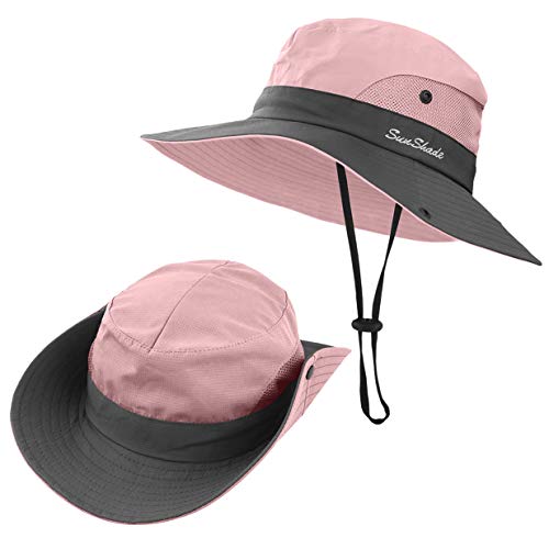 3 Pieces Womens Ponytail Wide Brim Sun Hat Packable UV Protection Beach Cap for Fishing & Hiking - color: Watermelon Red＆pink＆orange
