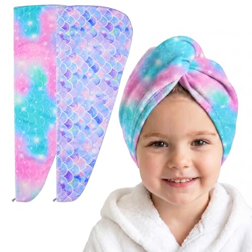 Basumee Microfiber Hair Towel Wrap for Kids 2 Pack Rapid Drying Hair Towel with Button Hair Turbans for Wet Hair Wraps Head Towel Wrap for Women and Girls, Light Mermaid - color: Light Mermaid