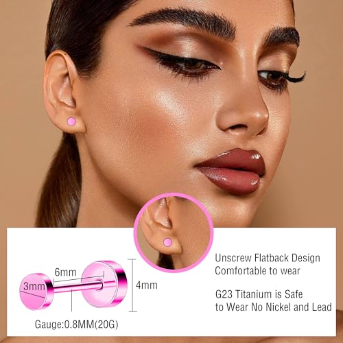 ZDE Women Earrings Flat Back Dot Earrings Titanium Hypoallergenic Cartilage Non-Nickel Earrings Studs for Sensitive Ears Simple Classic 3mm/4mm/5mm/6mm Screw On Stud Earring - color: Pink, size: 3MM