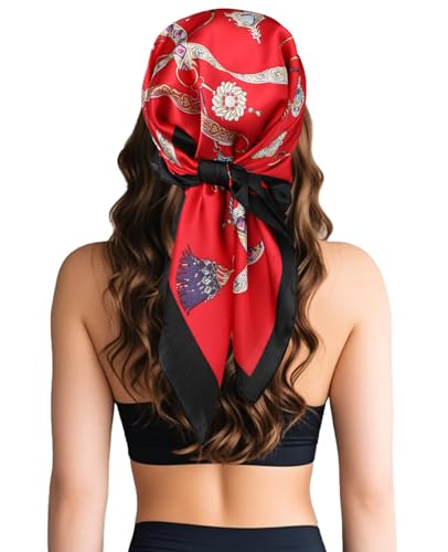 Sumolux Head Hair Scarf for Women Like Satin Silk Scarf Bandana Hair Wrapping Night Large Square Scarves 27.5" - color: Red Gemstone Decoration