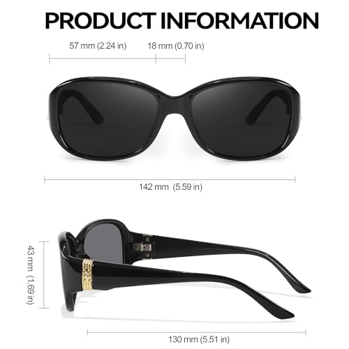 LVIOE Trendy Sunglasses for Women, Polarized Chic Wrap Around Sun Glasses UV400 Protection - color: A2 Black Frame/Grey