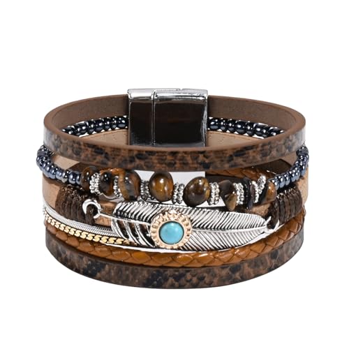 VIBILIA Boho Leather Wrap Bracelets for Women Men Multi-Layer Bracelets with Strong Clasp Western Jewelry - color: 09-Gravel Feather-Coffee