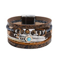 VIBILIA Boho Leather Wrap Bracelets for Women Men Multi-Layer Bracelets with Strong Clasp Western Jewelry - color: 09-Gravel Feather-Coffee