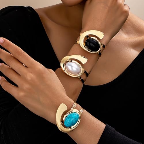 Boho Open Bracelet Ring Set for Women Black and Gold Jewelry Set Oval Cuff Bracelet Adjustable Ring Vintage Jewelry - style: Turquoise
