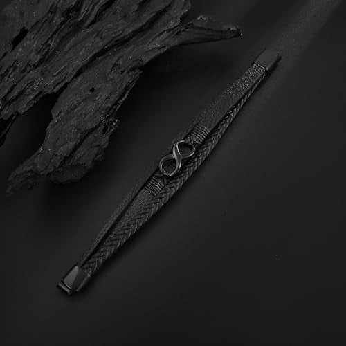 Men's Leather Infinity Bracelet Stainless Steel Number 8 Wristband Cuff Bangle Bracelets Gifts for Men, 8.3 & 9.1 inches - color: 03.Three-layers leather & black infinity, size: 8.3inch(Fits most wrists.)