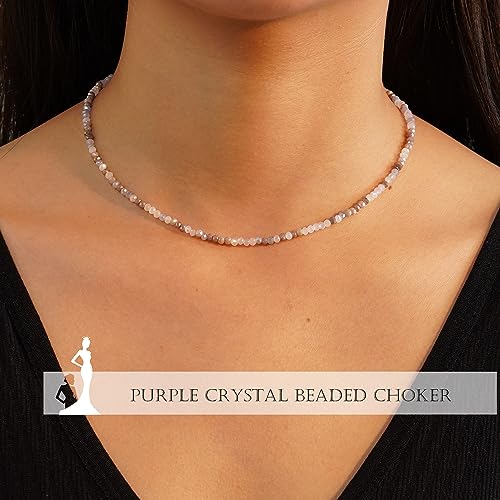 JSJOY Tiny Crystal Beaded Choker Necklaces for Women Colorful Beaded Necklace Dainty Choker Necklaces Simple Boho Jewelry Gifts for Teens Handmade Shining Bead Necklaces Gifts - color: Purple