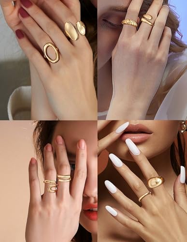 12Pcs Gold Chunky Rings 18K Gold Plated Stackable Open Knuckle Ring Set Hollow Heart Twist Croissant Dome Band Statement Finger Rings for Women Gold Silver Tone Adjustable - color: A-Gold