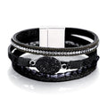 Fesciory Leopard Bracelet for Women, Boho Leather Wrap Multi-Layer Pearl Crystal Bracelet Bangle Jewelry - style: Black Stone(Short)