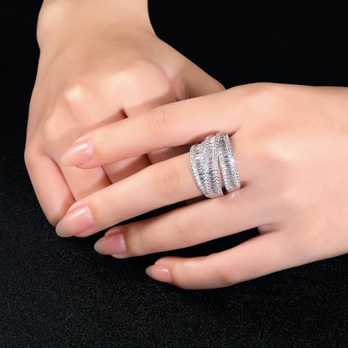 MDFUN 18K White Gold/Yellow Gold Plated Halo Wedding Eternity Ring for Women, 3 Rows Emerald Cut Cubic Zirconia Rings Statement Band Size 5-10 - color: White Gold