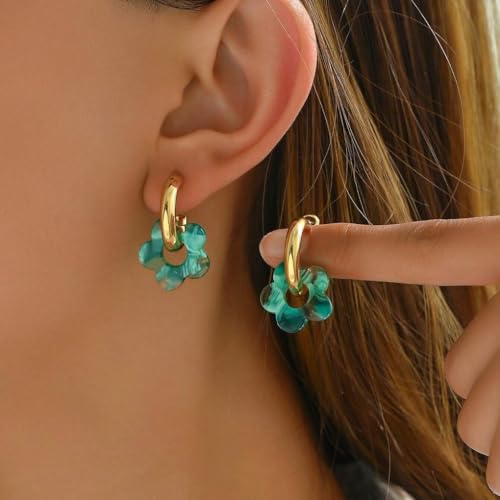 Chunky Acrylic Gold Small Flower Hoop Huggie Earrings, Colorful Boho Ear Piercing Dangle Drop Earrings, Dainty Chic Charm Jewelry Gift - color: Blue