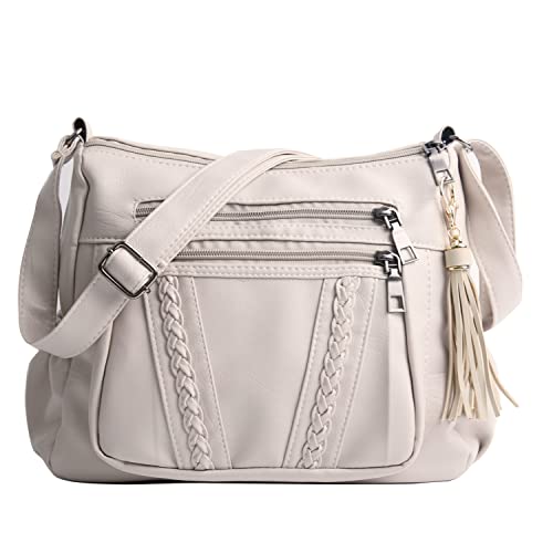 ELDA Crossbody Bags For Women Pocketbooks Soft PU Leather Purses and Handbags Multi Pocket Shoulder Bag - color: Cream Beige
