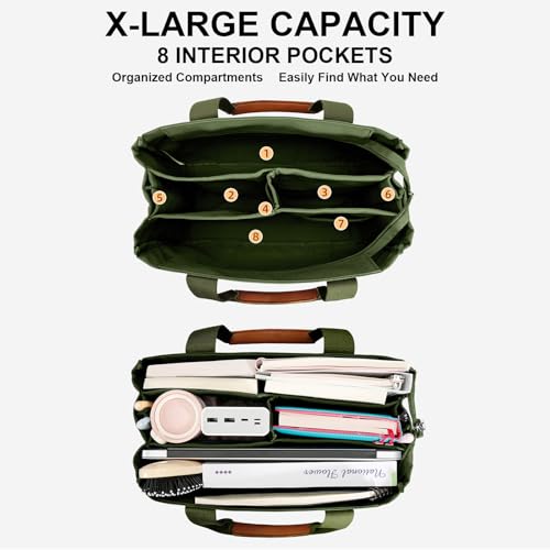 KKXIU Canvas Tote Bag for Women with Zipper and Compartments Crossbody Large Bible Messenger Purse Bag With Pockets | Canvas - color: Army Green, size: X-Large