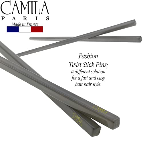 Camila Paris CP3381 French Twist Stick Hair Pin, Set of 2 Gray, Girls Chopsticks Hair Pins for Girls Spiral Updo Chignon Bun Holder, Styling Hair Accessories for Women, Made in France - color: Gray