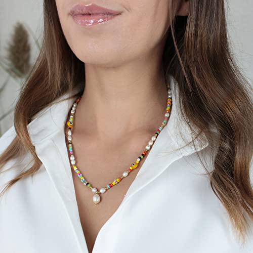 Wellike Freshwater Pearl Beaded Necklace for Women Handmade Boho Colorful Glass Beads Choker Necklace Stainless Steel 18K Gold Plated Bohemian Women Summer Jewelry Gifts - color: KKWX1150