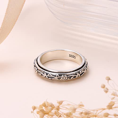 Ladytree Spinner Fidget Ring Sterling Silver Thumb Band for Women Anxiety Ring Platinum Plated Worry Stress Relief Just Breathe Boredom ADHD Autism Rings Boho Jewelry Gift - color: E-oxidized plum flower