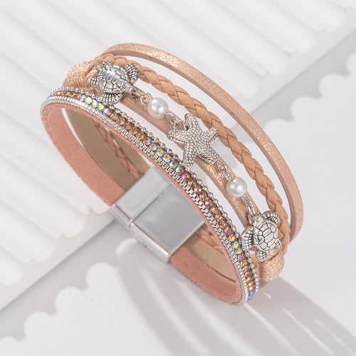 FANCY SHINY Turtle Starfish Leather Wrap Bracelet Boho Rhinestone Pearl Cuff Bracelets for Women Summer Beach Jewelry for Women - color: Rose Gold