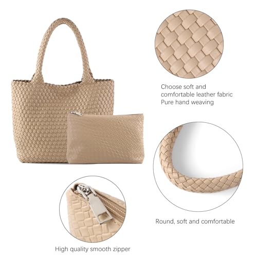 Hand Woven Bag Tote BagS For Women Top Handle Shoulder Vegan Leather Large Travel Beach Hobo Handbag - color: Apricot