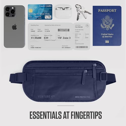 VENTURE 4TH Money Belt for Travel – Slim Hidden Under-Clothes RFID Blocking Anti-Theft Passport Holder & Travel Wallet Pouch for Men & Women to Protect Cash, Cards & Documents (Sleek Navy Blue) - color: Sleek Navy Blue