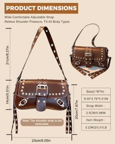 Y2K Trendy Purse for Women, Leather Buckle Punk Hobo Clutch Purses Bags for Ladies Top Handle Shoulder Bag - color: Brown Silver