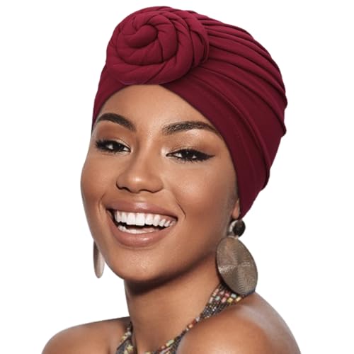 African Women Turban Caps Pre-Tied Twisted Turbans Head Scarf for Women Hair Wraps Cover Beanie Cancer Chemo Headwear - color: 1 Pack Twisted Braid: Burgundy