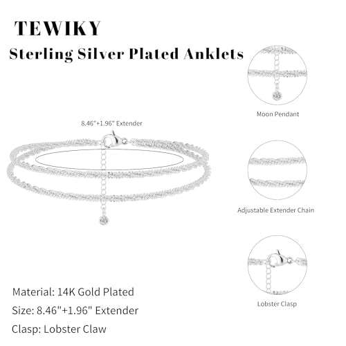 Tewiky Sterling Silver Plated Ankle Bracelets for Women,Dainty Layered Waterproof Anklet for Women Adjustable Sparkly Herringbone Beaded Rope Chain Set Stackable Cute Summer Beach Jewelry Gift - color: silver1