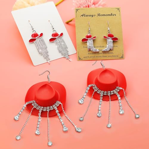 RechicGu 3 Pairs Western Cowgirl Cowboy Hat Earrings Set Silver Symmetric Boots Sparkly Rhinestone Tassels Drop Dangle Rural Culture Earrings Set For Women - color: Silver Boots,Red Hat