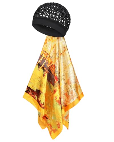 Hair Wrap Scarf and Cap Set for Silk Press, Stretchy Knit Hair Net with Attached Scarf, No Forehead Marks Breathable Net for Women - color: Amber Glow