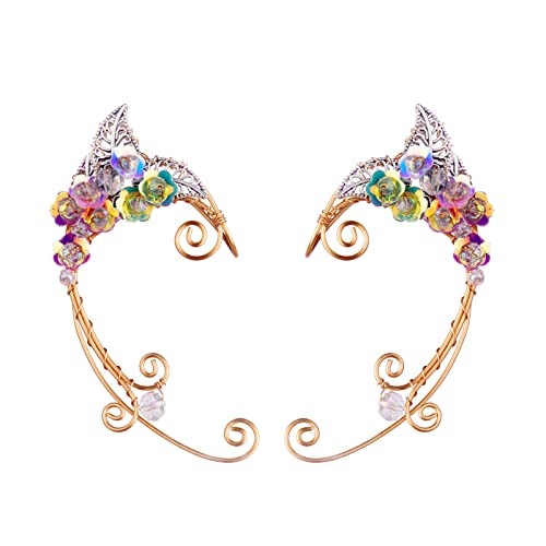 Elf Ear Cuffs, OwMell Handcraft Silver Pointed Fairy Elven Cosplay Fantasy Costume Bridal Wedding Earrings for Non Pierced Ears - style: Colorful Flowers