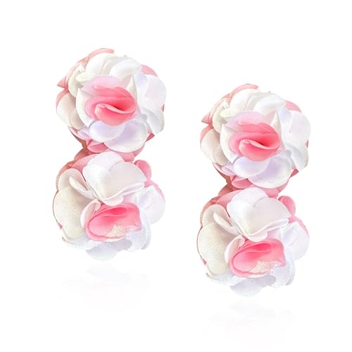 Oversized Fabric Flower Earrings for Women Statement Boho Chic Dangle Drop Earrings for Parties Weddings or Everyday Wear - color: Pink White