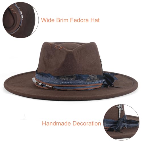Womens Boho Fedora Hat Wide Brim Fedora Mens Handmade Flat Brim Hats - color: Chocolate