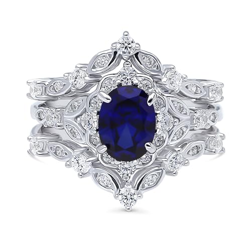 BERRICLE Sterling Silver CZ Halo Wedding Engagement Rings for Women, Oval Cut Cubic Zirconia, 1-3 Piece Sets, Pink/Blue/Clear - style: 3 Piece Set, Sapphire