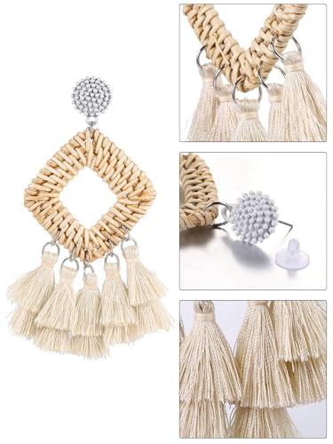 meekoo 2 Pairs Rattan Tassel Earrings for Women Bohemian Woven Earrings Summer Beach Jewelry Gifts(Black and White)