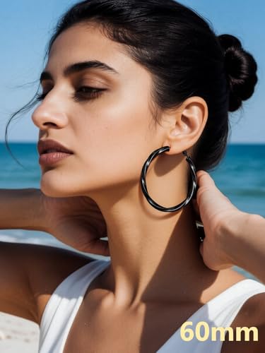 Bestyle 5mm Thick Gold Hoop Earrings Hypoallergenic Hoops for Sensitive Ears Trendy Lightweight Chunky Earrings for Women 30/40/60/80mm - color: 02-Black, size: 60mm