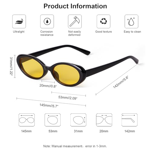 90s Sunglasses for Women Men Retro Small Oval Sunglasses - color: Black/Yellow