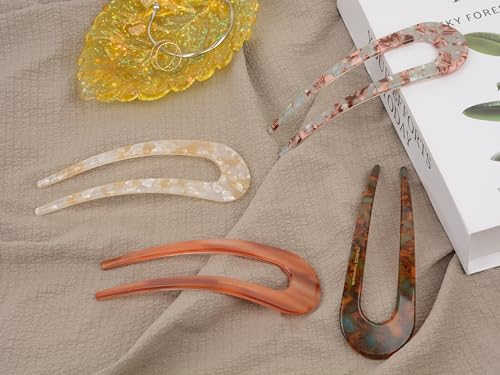French Twist Hair Fork, 4 Pcs, 5 Inch, U Shape Updo Hair Pins | Classic Cellulose Acetate, 2 Prong Bun Hair