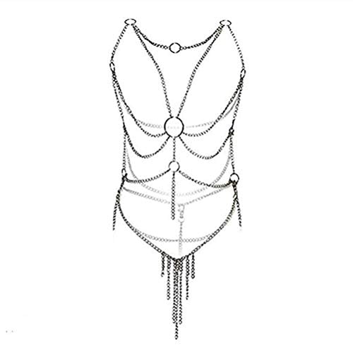 ADESUGATA Sexy Woman Tassel Body Harness Chain Cross Enticing Tassel Body Link Harness Metal Chain Sexy Lingerie Set - color: D
