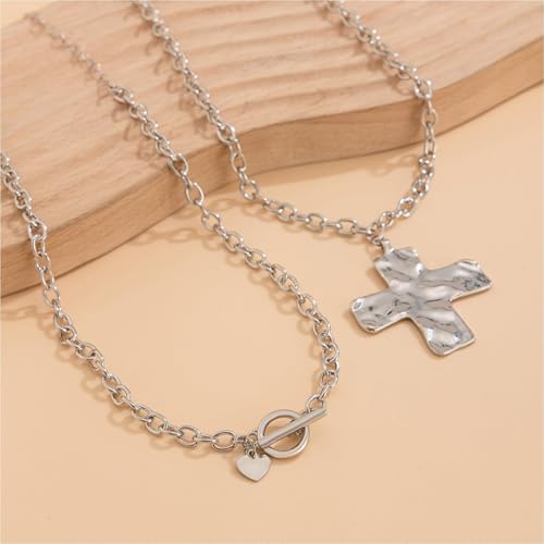 Chunky Cross Necklace for Women Chunky Gold Necklace Statement Cross Pendant Vintage Toggle Clasp Necklace Jewelry for Women - color: B2-Silver Cross Necklace