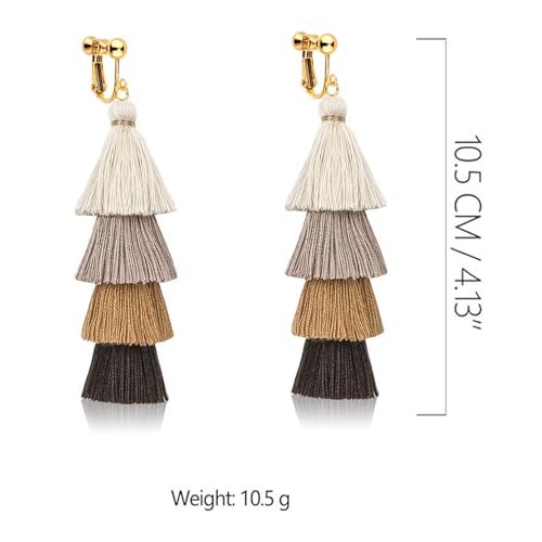 Clip on Earrings, Lightweight Colorful Layered Tassel Bohemian Statement Tiered Big Dangle Drop Earrings for Women, Non Pierced, Boho Jewelry - color: Brown
