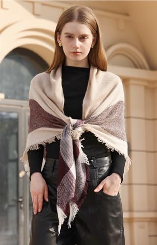 Wander Agio Womens Warm Long Shawl Winter Wraps Large Scarves Knit Cashmere Feel Plaid Triangle Scarf - color: Big Beige Khaki 22