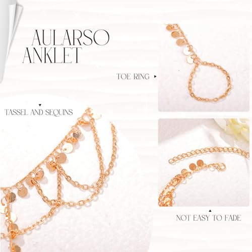 2PCS Gold Barefoot Sandals for Women Sequins Foot Chains Boho Beaded Anklets Layered Tassel Barefoot Sandals Jewelry - style: Sequins-B