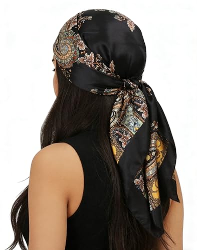 Women Head-Scarf Silk-Feeling-Scarf Hair Scarf Boho-Print Bandanas 35 Inches Square - color: Black