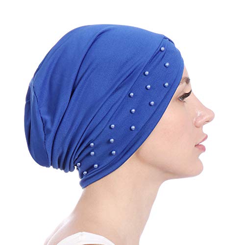 Women Beaded Silky Beanie, Pre-Tied Turban Head Wrap Cap for Chemo Chemical Cancer Hair Loss Cover Hat - color: Blue