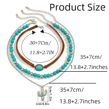 Layered Western Necklace Turquoise Beaded Choker Necklaces Cactus Pendant Necklaces Jewelry Accessories for Women