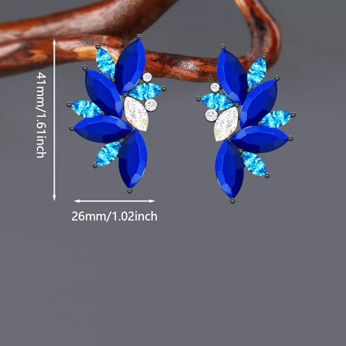 Bohemian Statement Sparkly Colourful Fancy Rhinestone Crystal Flower Dangle Drop Stud Earrings Vintage Wedding Bridal Prom Earrings for Women - color: Blue