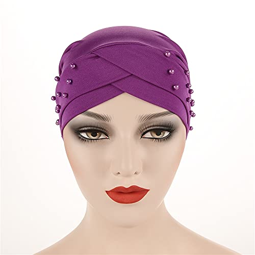 Women Beaded Silky Beanie, Pre-Tied Turban Head Wrap Cap for Chemo Chemical Cancer Hair Loss Cover Hat - color: Purple